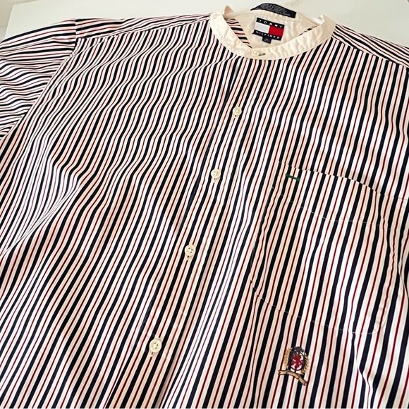 Vtg Tommy Hilfiger grandad Shirt Sz XL Crest Striped Poplin Band Collar preppy - Picture 9 of 16